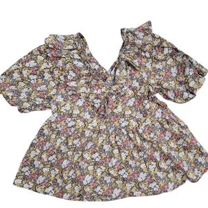 Entro Baloon Puff Sleeve Floral Ruffle Blouse 100% Cotton Cottagcore Sz Large